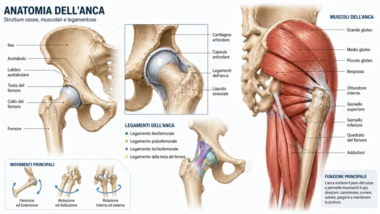 Anatomia dell'anca: ossa, legamenti e muscoli, inclusa la rotazione interna dell'anca.