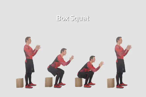 Uomo esegue il **box squat** in quattro fasi, scendendo e risalendo da una scatola.