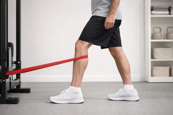 Uomo esegue esercizi per il vasto mediale obliquo con elastico rosso, rafforzando il ginocchio.