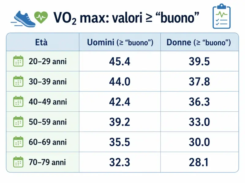 Tabella VO2 max: valori ≥ "buono" per età e genere. Scopri cos'è il VO2 max e i tuoi valori ideali.